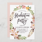 Boho Feathers & Floral Wreath Graduation Party Einladung (Vorne/Hinten)