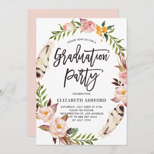 Boho Feathers & Floral Wreath Graduation Party Einladung (Vorne/Hinten)