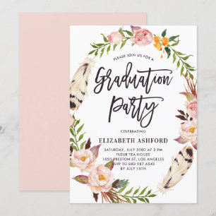 Boho Feathers & Floral Wreath Graduation Party Einladung