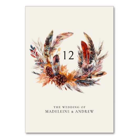 Boho Feathers Floral Wreath Hochzeit im Herbst Tischnummer (Vorderseite)