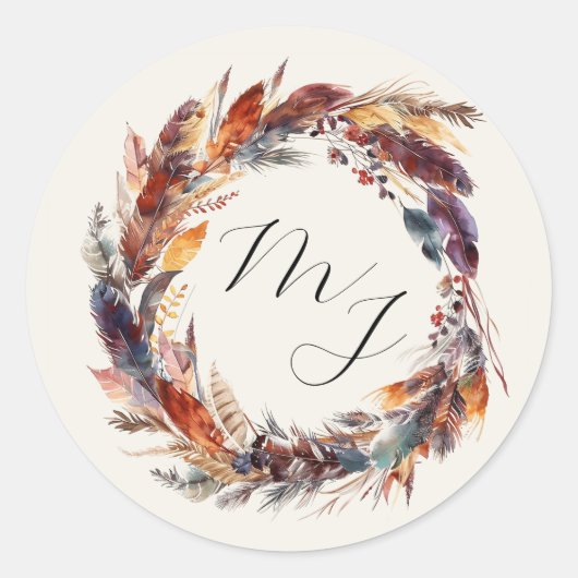 Boho Feathers Floral Wreath Monogram Wedding Runder Aufkleber (Vorderseite)