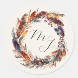 Boho Feathers Floral Wreath Monogram Wedding Runder Aufkleber