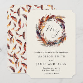 Boho Feathers Floral Wreath Monogram Wedding Save The Date