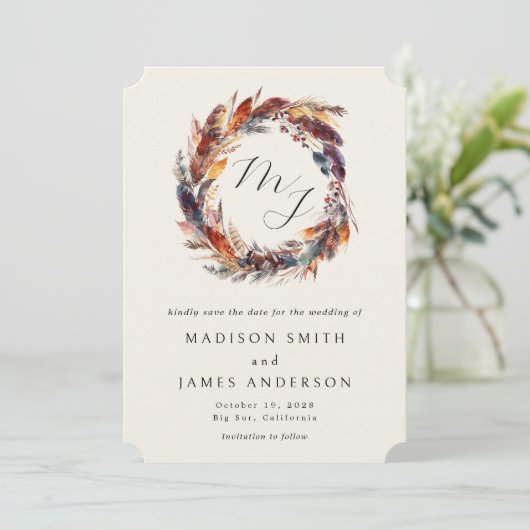 Boho Feathers Floral Wreath Monogram Wedding Save The Date (Stehend Vorderseite)