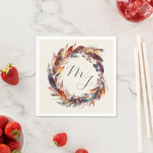 Boho Feathers Floral Wreath Monogram Wedding Serviette (Beispiel)