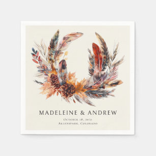 Boho Feathers Floral Wreath Monogram Wedding Serviette