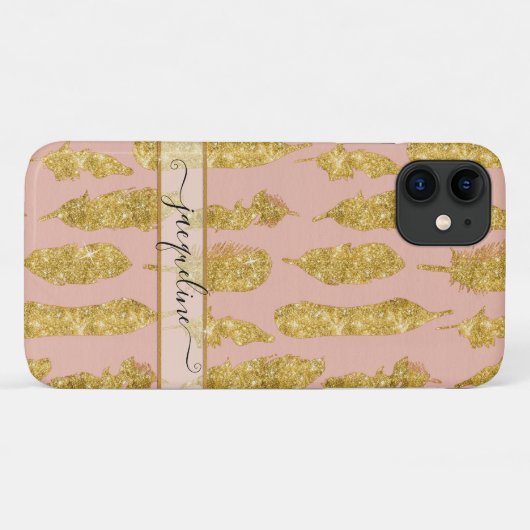 Boho Feathers Gold Glitzer Blush Pink Name Case-Mate iPhone Hülle (Rückseite (Horizontal))