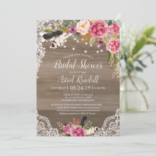 Boho Feathers & Lace Rustic Bridal oder Babydusche Einladung (Stehend Vorderseite)