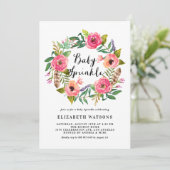 Boho Feathers Pink Floral Wreath Baby Sprinkle Einladung (Stehend Vorderseite)