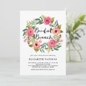 Boho Feathers Pink Floral Wreath Bridal Brunch Einladung (Stehend Vorderseite)