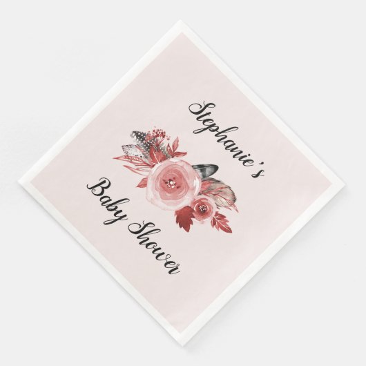 Boho Feathers Rose Blush Baby Dusche Serviette (Ecke)