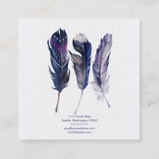 Boho Feathers Square Business Card Quadratische Visitenkarte (Rückseite)