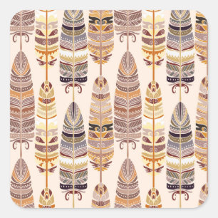 Boho Feathers: Stamm-nahtloses Muster Quadratischer Aufkleber