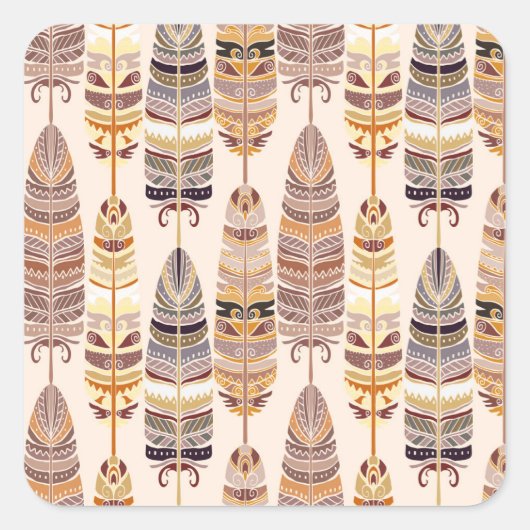 Boho Feathers: Stamm-nahtloses Muster Quadratischer Aufkleber (Vorderseite)