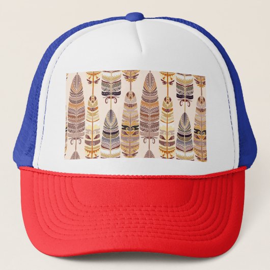 Boho Feathers: Stamm-nahtloses Muster Truckerkappe (Vorderseite)