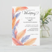 Boho Feathers und elegante Drehbuch-Foto Hochzeit Einladung (Stehend Vorderseite)