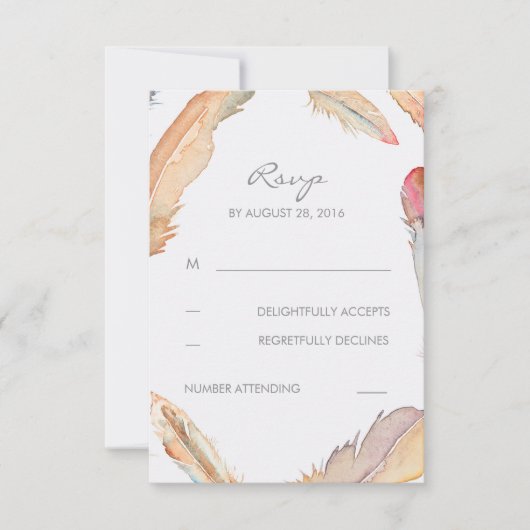 Boho Feathers Watercolor Wedding RSVP Cards (Vorderseite)