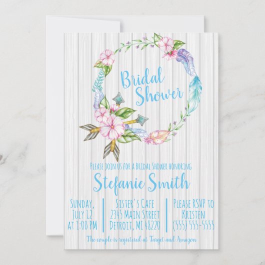 Boho Feathers Wreath Bridal Dusche Einladung (Vorderseite)