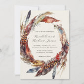 Boho Feathers Wreath Calligrafy Hochzeit im Herbst Einladung (Vorderseite)