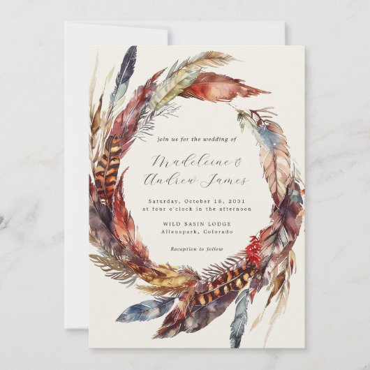 Boho Feathers Wreath Calligrafy Hochzeit im Herbst Einladung (Vorderseite)