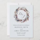 Boho Feathers Wreath Monogram Winter Wedding Save The Date (Vorderseite)