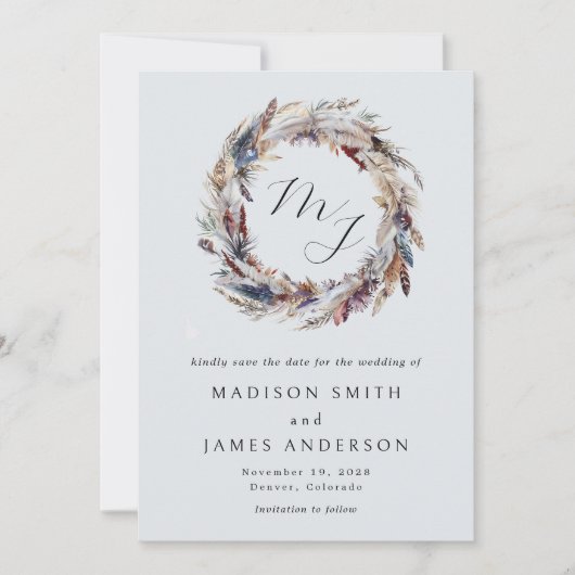 Boho Feathers Wreath Monogram Winter Wedding Save The Date (Vorderseite)