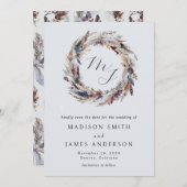 Boho Feathers Wreath Monogram Winter Wedding Save The Date (Vorne/Hinten)