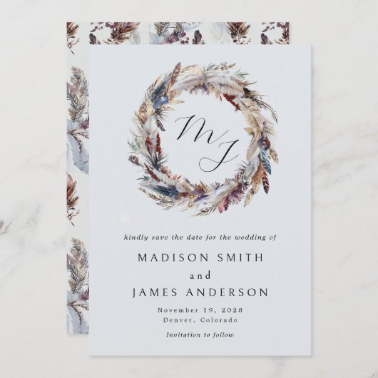 Boho Feathers Wreath Monogram Winter Wedding Save The Date (Vorne/Hinten)