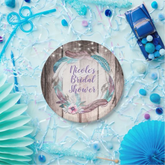 Boho Feathers Wreath & String Lights Brautparty Pappteller (Party)