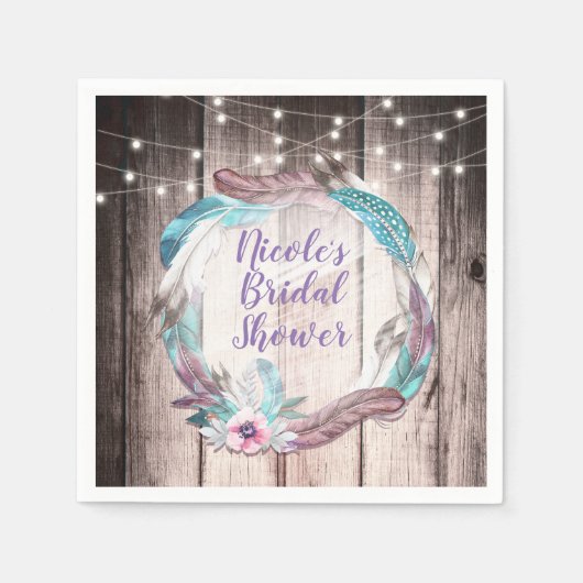 Boho Feathers Wreath & String Lights Brautparty Serviette (Vorderseite)