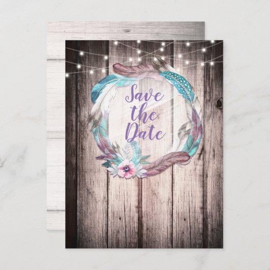 Boho Feathers Wreath & String Lights Save the Date Ankündigungspostkarte (Vorne/Hinten)