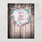Boho Feathers Wreath & String Lights Save the Date Ankündigungspostkarte (Vorderseite)