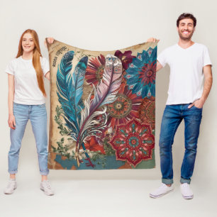 Boho-Feder-Mandala - Rustikaler Charme Fleecedecke