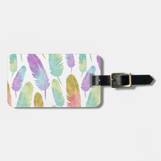 Boho Feder-Muster-Regenbogen-Aquarell Gepäckanhänger (Vorderseite horizontal)