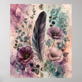 Boho-Feder-und-Mohn-Himmelsmondphase Poster