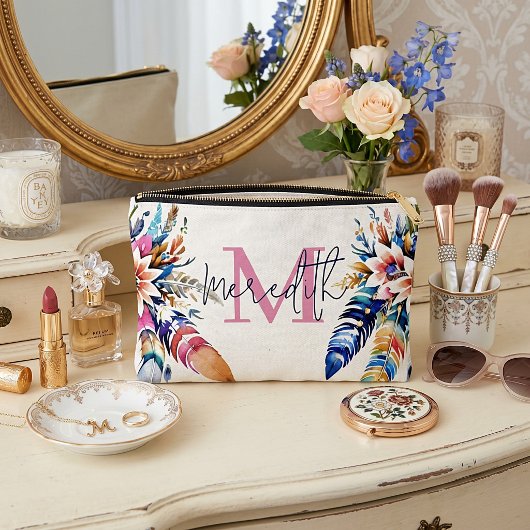 Boho Federn Grenze personalisiert Zubehörtasche