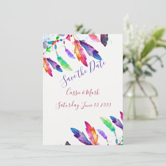 Boho Federn personalisiert Save The Date (Stehend Vorderseite)
