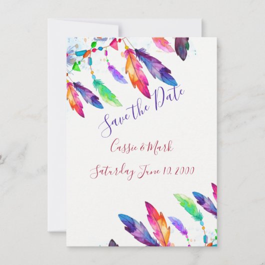 Boho Federn personalisiert Save The Date (Vorderseite)
