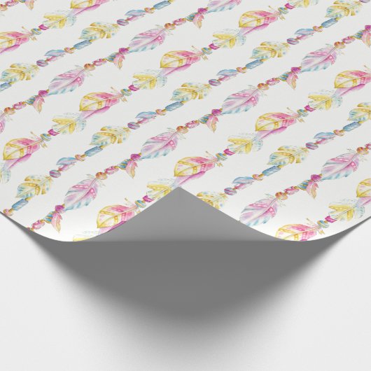 Boho Federn und Perlen Aquarellfarben Geschenkpapier (Ecke)