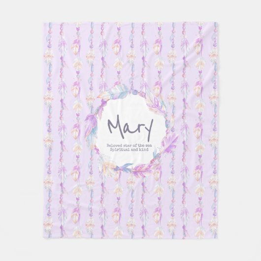 Boho Federn und Perlen lila Name Fleecedecke (Vorderseite)
