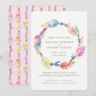 Boho Federperlen Aquarell Rosa Hochzeit lädt ein Einladung