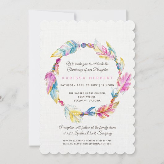 Boho Federperlen Aquarell Rosa Taufe Einladung (Vorderseite)