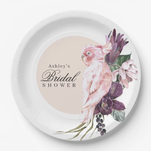 Boho Feminine Tropical Pink Parrot Brautparty Pappteller (Vorderseite)