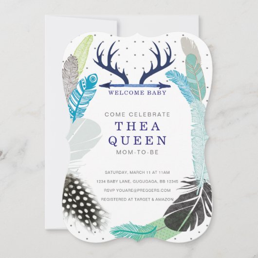 Boho Fether Baby Dusche Einladung (Vorderseite)