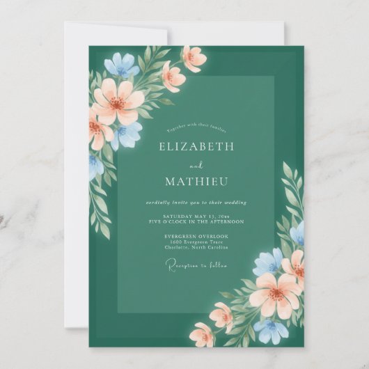 Boho-Fichte-Periwinkle-Blütenhochzeit Einladung (Vorderseite)