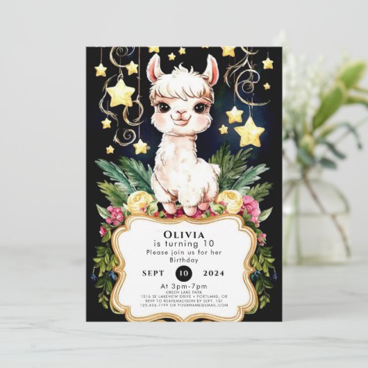 Boho Fiesta Llama Birthday Einladung (Stehend Vorderseite)