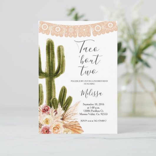 Boho Fiesta Taco 'bout Two Birthday Invite Einladung (Stehend Vorderseite)