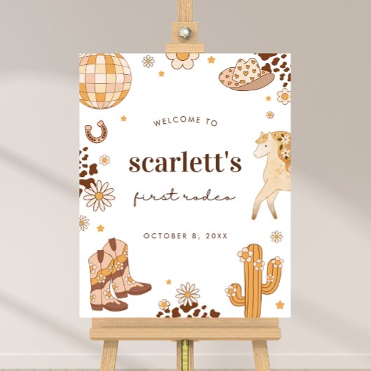 Boho First Rodeo Cowgirl Birthday Welcome Sign Poster
