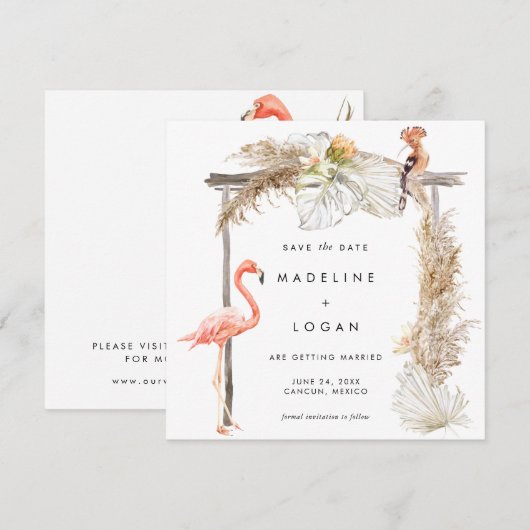 Boho Flamingo Wedding Arch Save the Date Ankündigung (Vorne/Hinten)