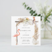 Boho Flamingo Wedding Arch Save the Date Ankündigung (Stehend Vorderseite)